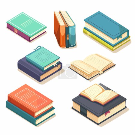 Isometric books different angles reading study education. Books stacked open hardcover educational material literature. Library collection textbooks various perspectives learning resources