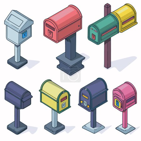 Collection colorful isometric mailboxes various designs, standing isolated white background. Different colored postboxes suitable mail delivery, communication concept illustrations. Isometric design