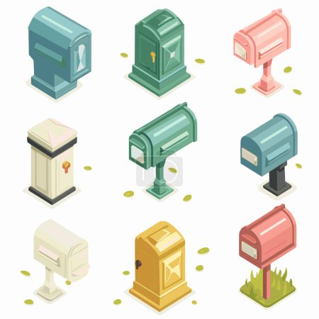 Assortment colorful mailboxes isometric style. Different types mailboxes traditional, modern, vintage styles isolated white background. Postal service collection, isometry graphic design