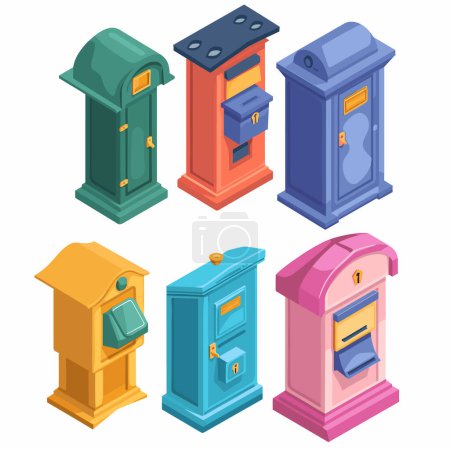 Colorful isometric mailboxes vector illustration, featuring green, orange, blue, yellow, teal, pink mailboxes. Vintagestyle isometric mailboxes design, suitable icons elements graphic design