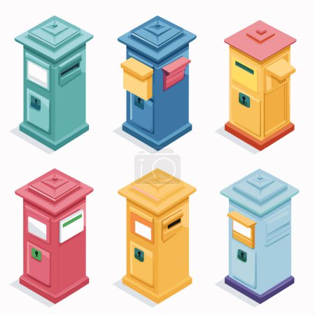 Six colorful isometric mailboxes, different angle, no background. Postal mailboxes blue, red, yellow, cyan stylized, classic mail delivery designs. Mailbox set, isometric, vector illustration postal