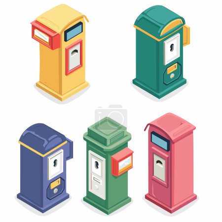 Colorful isometric postboxes, variety postal mailboxes. Set isometric mailboxes postage service illustration. Send, receive letters parcels using different mailboxes design