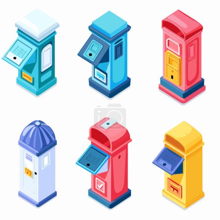 Six colorful mailboxes isometric design isolated white background. Vintage modern styles, ranging classic red contemporary yellow mailbox. Ideal communication, postal service concepts