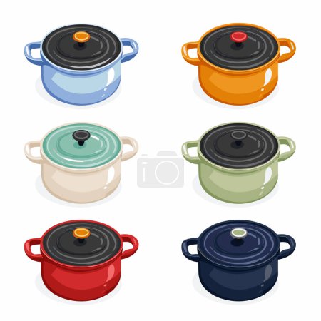 Six pots en émail coloré couvercles disposés deux rangées trois colonnes. Gradient ustensiles de cuisine ombragé fond blanc isolé. émaillage de différentes couleurs bleu, orange, beige, vert, rouge, marine