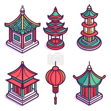 Ilustraciones de vectores de linterna de arquitectura tradicional asiática. Colección incluye coloridas pagodas tradicional linterna china. Tonos brillantes representan estructuras culturales, gráficos festivos perfectos