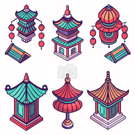 Conjunto chino edificios tradicionales linternas colores vibrantes, fondo blanco aislado. Pagodas estructuras orientales detalles arquitectónicos asiáticos clásicos. Ilustración vectorial isométrica 3D templos asiáticos