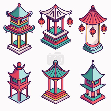 Establezca seis ilustraciones de pagoda asiáticas coloridas, que representan estructuras tradicionales de torres estratificadas. Tonos brillantes linternas estilizadas característica prominente, que representa la arquitectura de Asia Oriental. Blanco aislado
