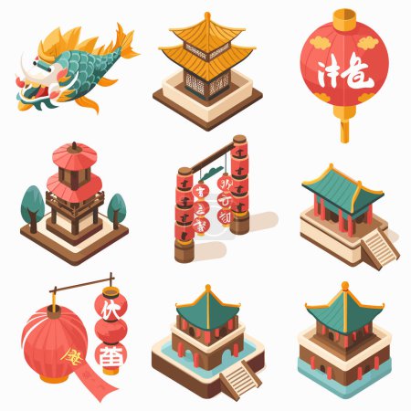 Collection isometric Chinese cultural icons features dragon, temples, lanterns, traditional gates. Vivid colors detailed graphics depict iconic symbols China. Isometric design provides
