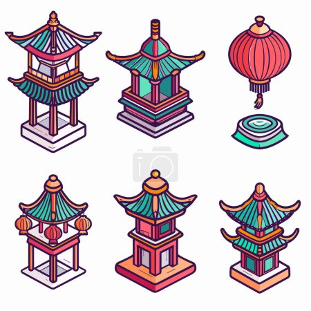 Setzen Sie bunte traditionelle asiatische Strukturen Laternen Vektor Illustrationen. Detaillierte Pagoden hängen Laternen, perfekte kulturelle Themen. Lebendige Farben prägen Cartoon-Stil