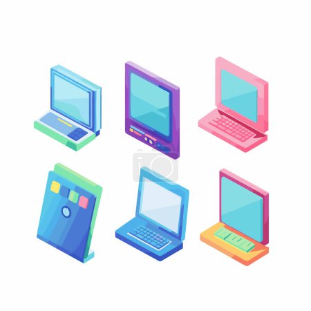 Sammlung farbenfroher isometrischer Laptops alter Computer. Verschiedene Computerdesigns, die die Evolutionstechnologie repräsentieren. Pastellfarben dominieren technologieorientierte Illustration