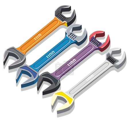 Four adjustable wrenches depicted, featuring distinct color orange, blue, red, yellow. Positioned diagonally, tools showcase metallic finishes measurement markings. Graphic style implies 3D