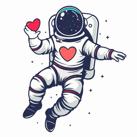 Astronaut schwimmenden Weltraums mit rotem Herz Symbol, Liebe Romantik Thema, Themen-Valentinstag-Konzept abstand. Illustration im Cartoon-Stil, weißer Astronautenanzug Herz-Abziehbild, Schwerelosigkeit Pose, umgeben