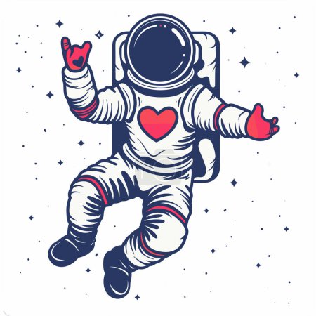 Astronauta flotando en el espacio realizando un gesto de corazón amoroso. Traje espacial corazón emblema pecho entre las estrellas. Alegre ilustración cosmonauta expresando amor, universo de paz