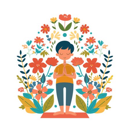 Person practicing meditation surrounded colorful flowers, peaceful yoga pose. Mindful meditation floral backdrop, tranquility, harmony illustration. Wellness concept, meditating character, vibrant
