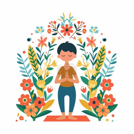 Mujer practicando yoga rodeado de plantas flores, pose de meditación pacífica, colorida flor de la naturaleza. Personaje femenino sereno haciendo yoga, fondo floral, concepto de mindfulness bienestar. Yoga