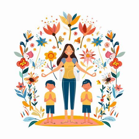Mujer joven toma de la mano a dos niños rodeados de flores vibrantes follaje. Los chicos parecen idénticos, gemelos, los tres descalzos alfombra amarilla, exudando felicidad. Los colores brillantes estallan fondo creando alegría