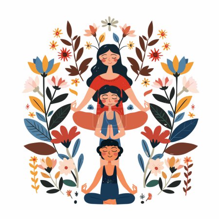 Three generations women practicing yoga together surrounded floral elements. Family bonding through meditation, women different ages engaging wellness activity. Peaceful harmonious illustration