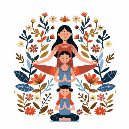 Three generations family meditating together surrounded floral nature elements. Young girl, woman, elderly lady practicing mindfulness meditation, unity concept. Multigenerational family enjoys yoga