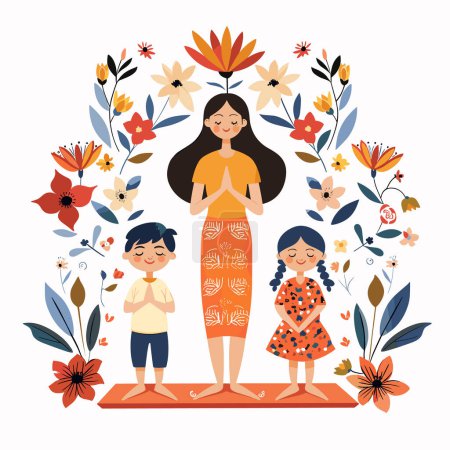 Family practicing yoga together surrounded flowers. Woman stands center namaste pose, children smiling beside her, peaceful meditation scene. Colorful floral backdrop playful, joyful characters