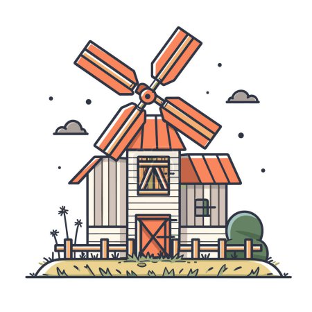 Detailed illustration orange white windmill set against clear sky, surrounded plants fence. Traditional Europeanstyle windmill featuring large blades quaint farm design, perfect agricultural themes