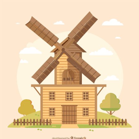 Traditional wooden windmill building under clear sky flanked trees fence, cartoon vector illustration. Dutch style windmill surrounded pastoral landscape, flat graphic design isolated white