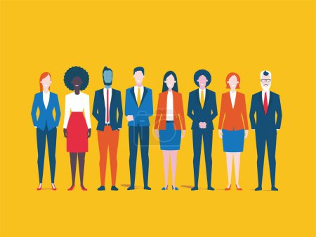 Diverse group cartoon business professionals standing side side. Illustration features men women different ethnicities dressed business attire against vibrant yellow background. Cartoon characters