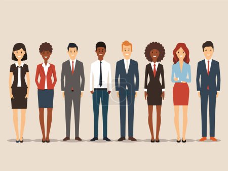 Diverse group professional people standing confident. Business team corporate staff members illustration. Ethnic variety workplace, men women business attire smiling