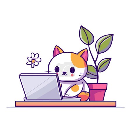 Cute calico cat cartoon character using laptop, colorful design. Animated kitten computer technology, desk, plant flower work scene. Playful feline enjoys modern digital life, vibrant drawing