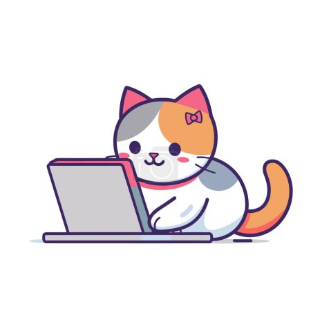Illustration for Cartoon cat uses laptop, wearing pink collar bow, cute feline technology user, working browsing cat character colorful design. Adorable kitty interacts computer, white gray fur, orange accents - Royalty Free Image