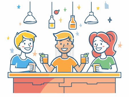 Three young adults enjoying drinks together bar, smiling faces, two males one female toasting beverages, casual attire, friendly gathering. Cartoon style vector illustration, vibrant colors