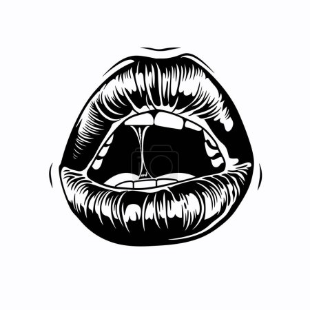 Black white illustration mouth open detailed lips teeth, droplets suggesting intensity thirst. Graphic style depicts sensual female lips slightly parted visible tongue. Contrast style ideal tattoo