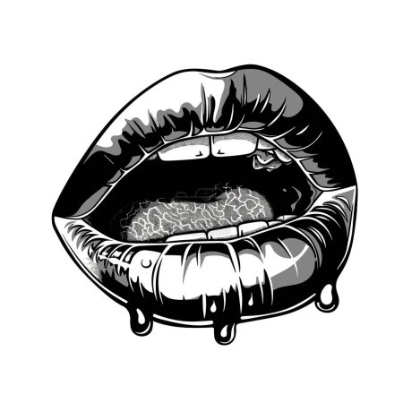 Black white illustration sensual lips, glossy look, detailed lightning reflection. Monochrome mouth closeup, open slightly, wet lip surface artistic shine. Graphic print sexy lips, bold contrast