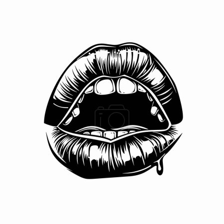 Black white vector illustration seductive lips open slightly visible teeth. Glossy lips detailed drawing drip lower lip, suggestive lipstick gloss. Sensual female mouth graphic teeth shiny effect