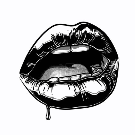 Ilustración en blanco negro sensual boca abierta, goteando líquido. Labios detallados, dientes lengua acentuado fuerte contraste. Representación artística comunica el deseo, el gusto habla tema