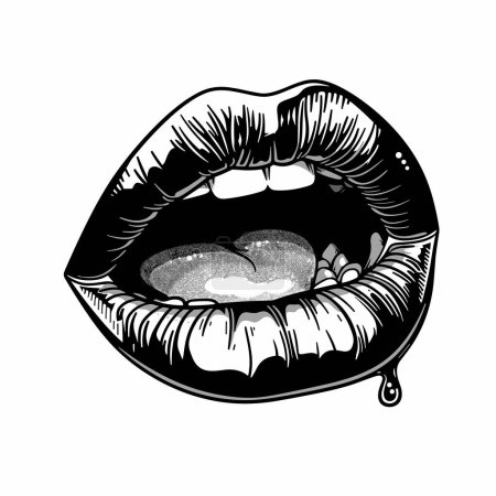 Black white drawing sensual lips open slightly. Detailed illustration female lips luscious lipstick, shiny texture. Stylized glossy mouth graphic isolated white background