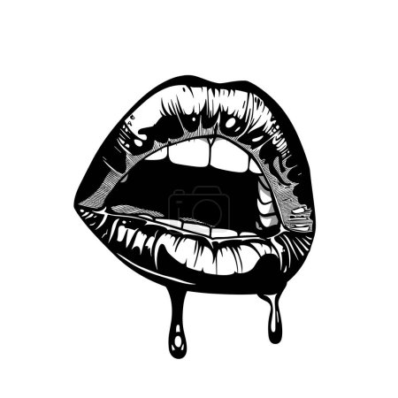 Black white illustration lips oozing liquid, graphic print design. Mouth bold monochrome dripping, artistic representation. Suggestive sexy female lips, ink drawing isolated white background