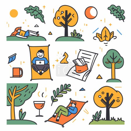 Colorful vector illustration people engaging outdoor leisure activities. Person relaxing hammock using laptop, character reading book park, another lounging drink. Vivid trees, sun, nature elements