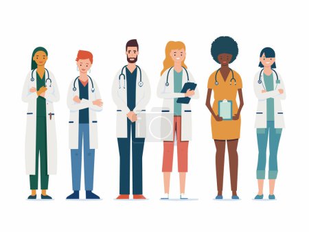 Diverse group cartoon medical professionals standing confidently. Male female doctors, different ethnicities, smiling, healthcare workers, modern flat style. Multicultural medical team