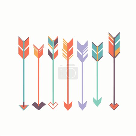 Collection colorful stylized arrows geometric shapes, modern flat design vectors. Varied arrow icons indicating direction, various colors different arrowheads, simplistic graphic. Six distinct