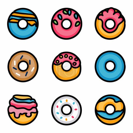 Colorful assorted donuts cartoon graphic, sweet glazed tasty desserts sprinkles icing. Nine different donut illustrations, vibrant flat design, dessert icons isolated white background. Various