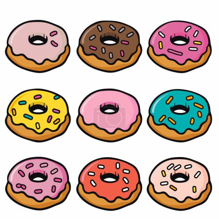 Nine assorted donuts cartoon illustrate sweet desserts variety. Frosted sprinkled doughnuts colorful, pink blue chocolate icing. Delicious bakery items, multiple doughnut flavors graphic design