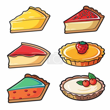 Assortment colorful pie slices whole pies, handdrawn dessert illustrations. Delicious pies feature various flavors such lemon, strawberry, cherry, more. Cartoon style pies perfect bakery menu
