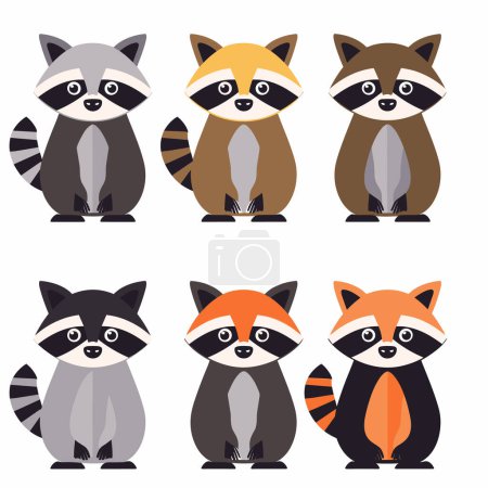 Six cartoon raccoons, various colors, sitting, cute expressions, isolated white background. Different styles raccoon illustrations, playful designs, simple shapes, colorful characters. Childfriendly
