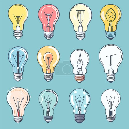 Creative lightbulbs illustrations showcasing various concepts ideas, lightbulb has unique symbol representing creativity innovation. Pastel background enhances colorful design lightbulbs