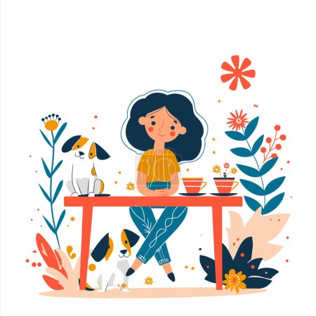 Young woman enjoying tea garden table, cheerful lady dog, flowers, playful puppy scene. Woman relaxing outdoors pet, floral garden, tranquil moment, vector illustration. Happy pet owner sitting
