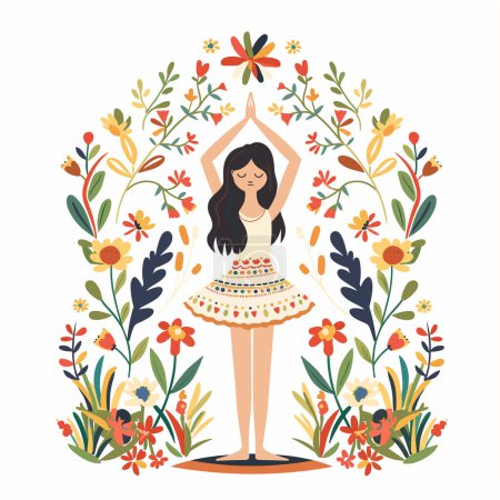 Young woman practicing yoga surrounded colorful flowers, peaceful meditation pose. Female character serene yoga asana, floral arrangement, wellbeing concept, isolated white background. Ethnic girl