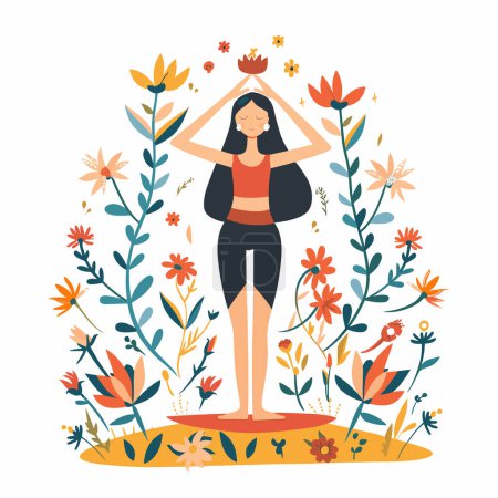 Woman practicing yoga surrounded colorful flowers, serene yoga pose, wellness meditation concept. Female performing yoga, standing tree pose vrksasana, tranquil peaceful illustration, enthusiast
