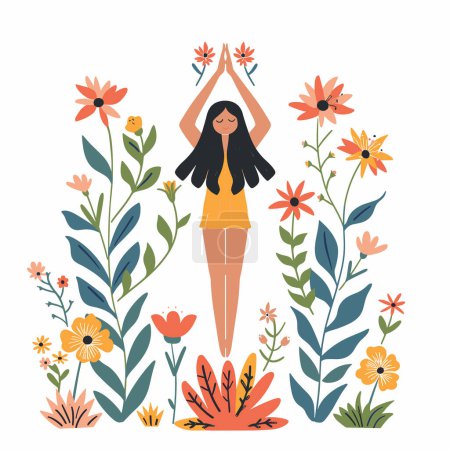 Young woman celebrating nature surrounded colorful flowers, hands raised joy, peaceful serene atmosphere. Happy female character harmony flora, arms up, standing among vibrant blooms, cheerful