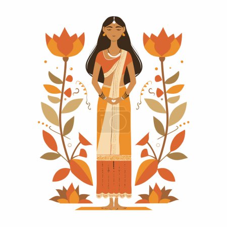 Indian woman traditional clothing standing plants flowers ethnic style. Elegant female culture attire India saree jewelry serene decorative floral. Orange gold saree illustrated peaceful nature