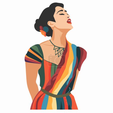 Woman singing passionately, wearing colorful striped dress, closed eyes, expression musical performance. Latina female performer, red lipstick, detailed hairstyle, vibrant fashion, singing concept